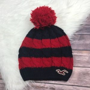 Hollister Red Navy Striped Knit Hat with Pom Pom